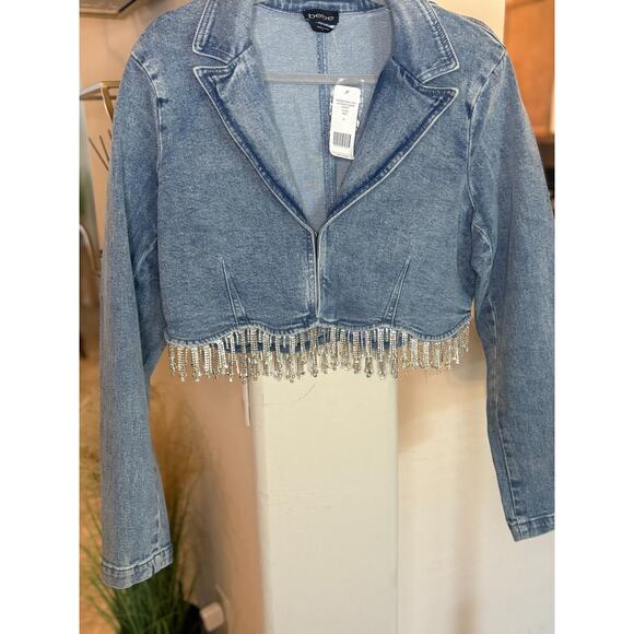 Bebe Rhinestone Hem Cropped Denim Jacket Size XL NEW MSRP $159 - Picture 6 of 7